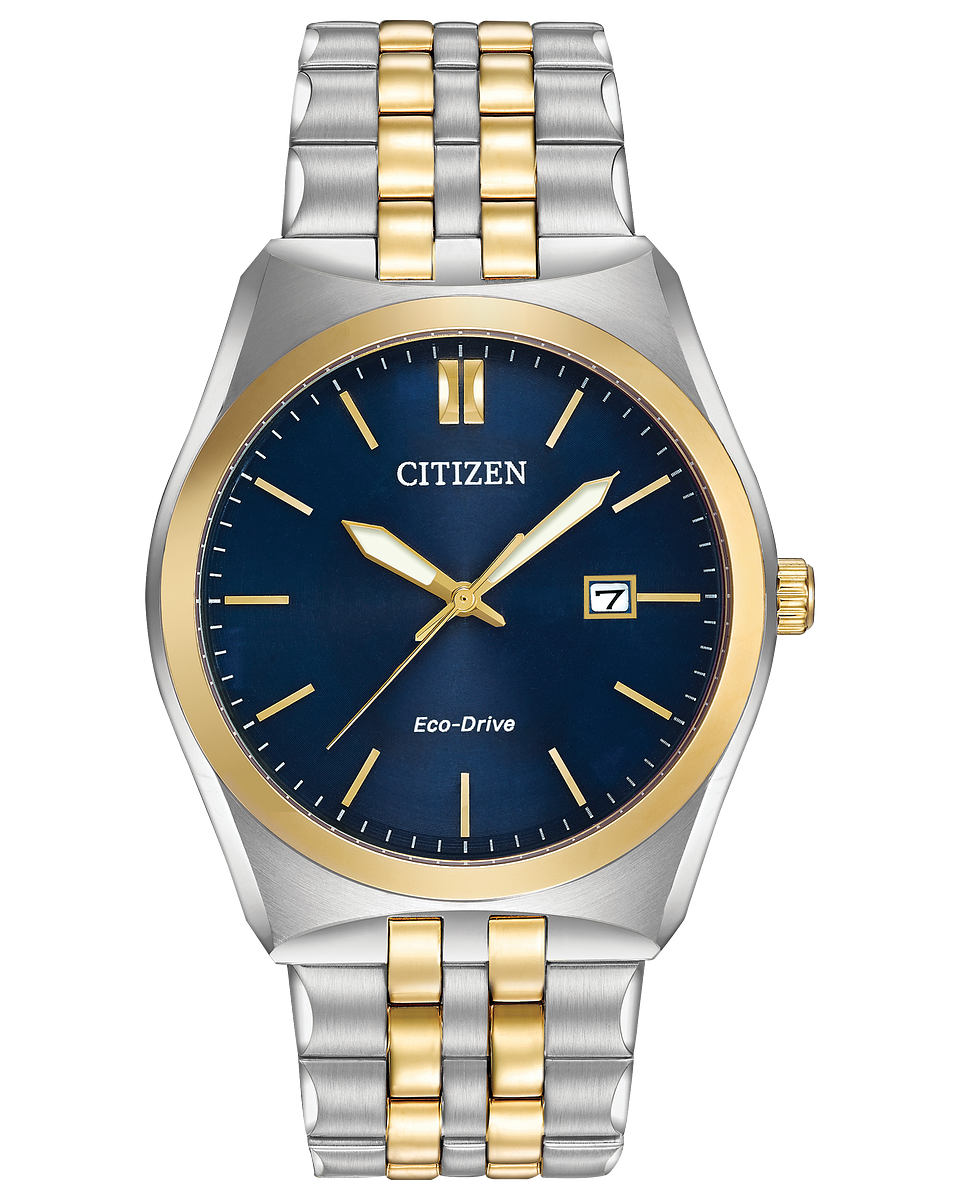 Citizen watch two tone stainless steel bracelet blue dial with date tracker model BM7334-58L