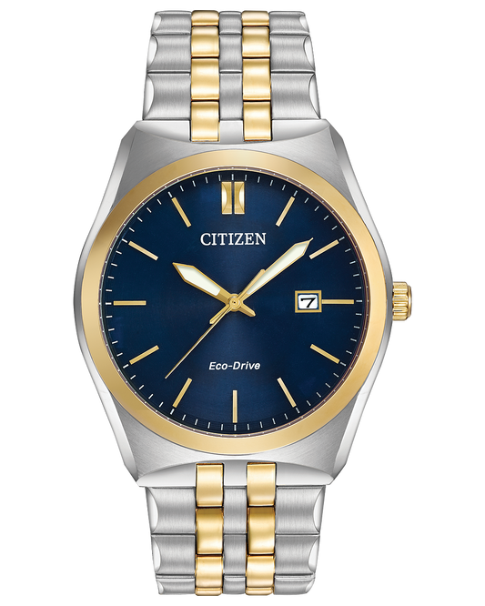 Citizen watch two tone stainless steel bracelet blue dial with date tracker model BM7334-58L