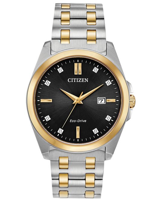 citizen watch two tone gold colored stainless steel bracelet black dial gold colored hands model BM7107-50E