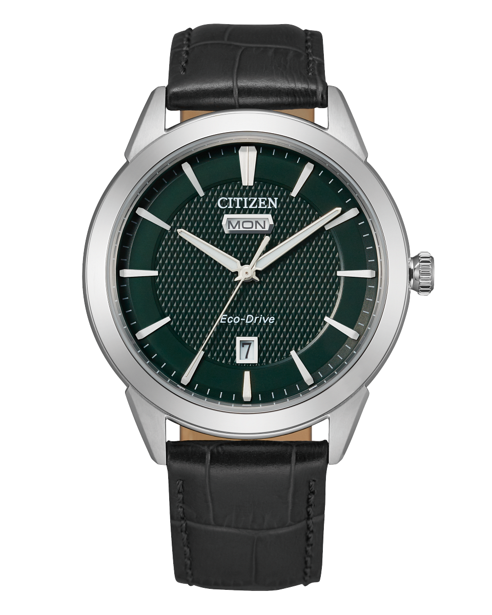 40mm stainless steel case citizen watch, green dial, day date tracker with leather band. Model AW0090-02X