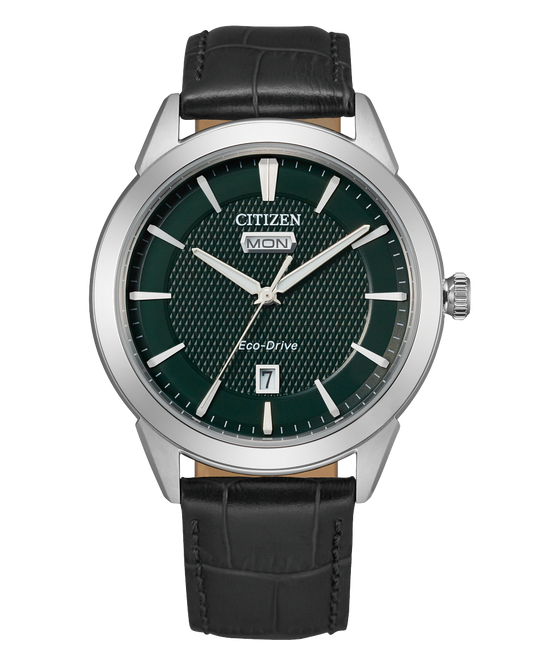 40mm stainless steel case citizen watch, green dial, day date tracker with leather band. Model AW0090-02X