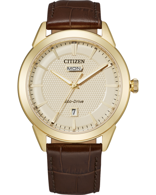 Citizen Eco-Drive watch 40mm gold tone stainless steel case, champagne colored dial with day date tracker leather band 