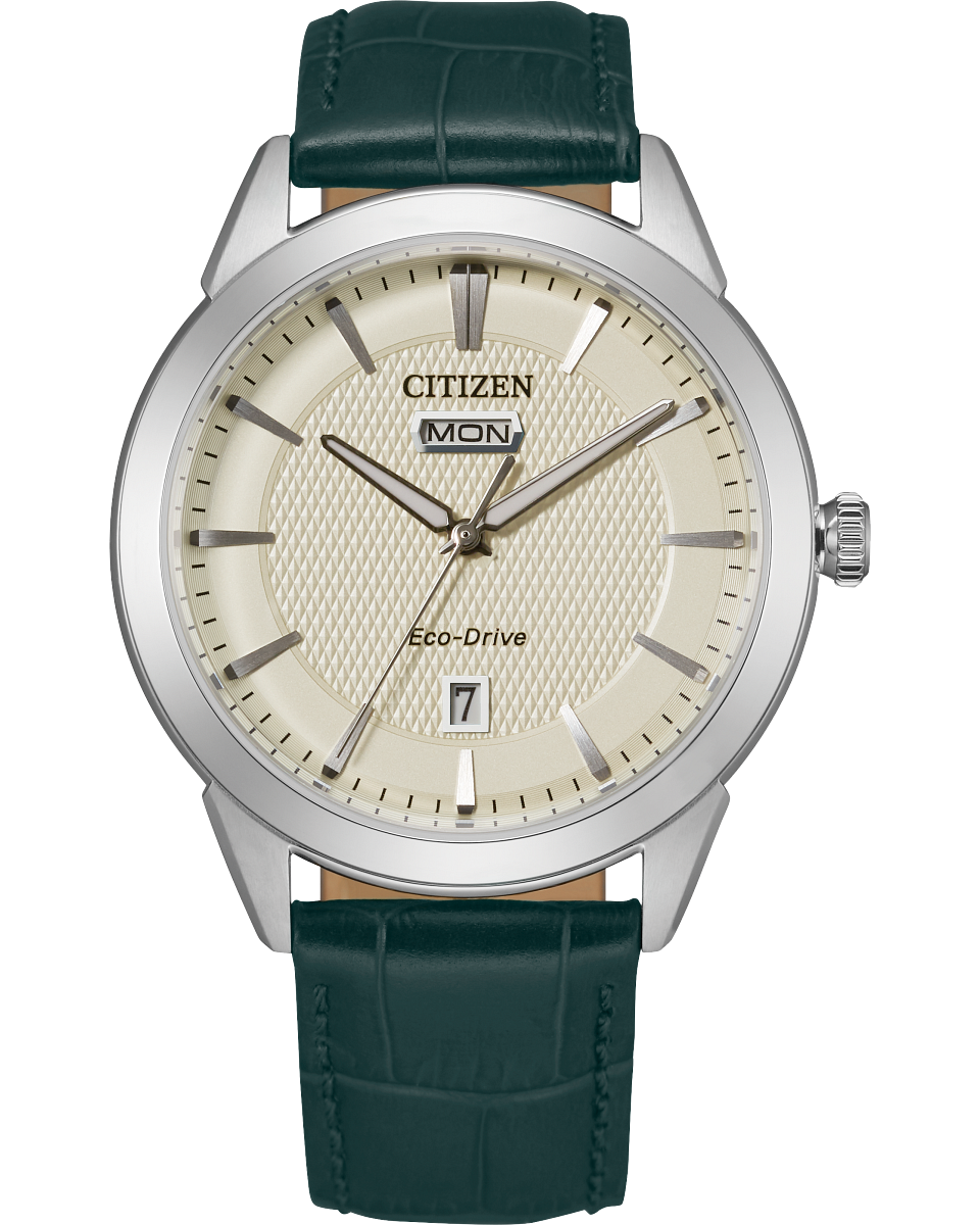 Citizen watch with a 40mm stainless steel case and ivory dial with day date tracker and green leather band, model AW0090-11Z