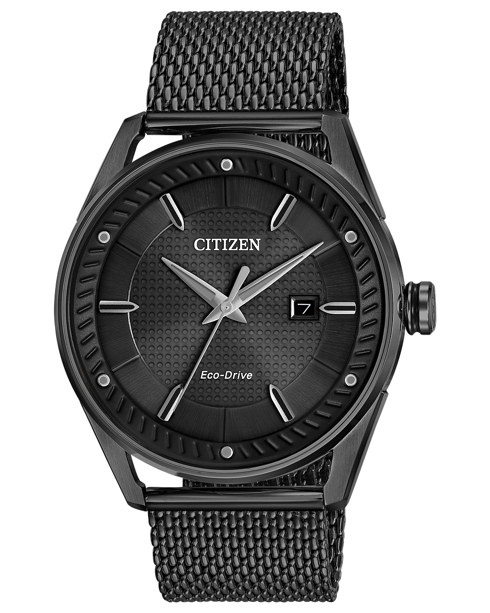 Citizen watch black-tone stainless steel case, black-tone Milanese mesh bracelet  black dial with eco drive technology with date tracker model BM6988-57E