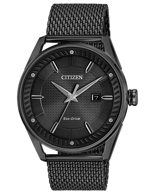 Citizen watch black-tone stainless steel case, black-tone Milanese mesh bracelet  black dial with eco drive technology with date tracker model BM6988-57E