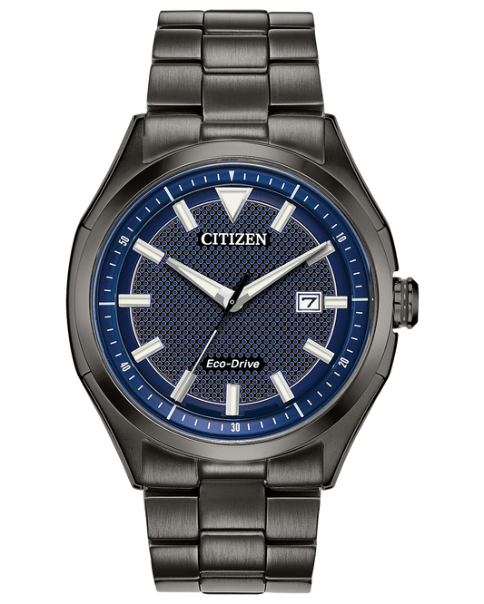 Citizen Eco-Drive watch gray stainless steel strap with blue dial and date tracker, model AW1147-52L