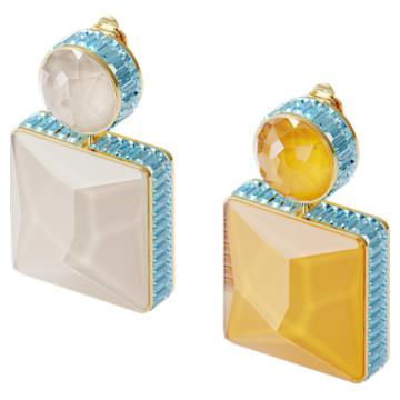 Orbita earrings, Asymmetrical, Square cut crystal, Multicolored, Gold-tone plated